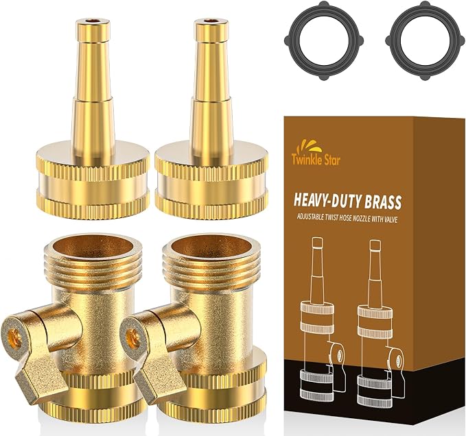 Twinkle Star Brass Hose Jet Nozzle with Garden Shut off Valve 4 Pack | 3/4" GHT High Pressure Hose Nozzle for Garden Hose & Car Wash, Extra 2 Rubber Washers