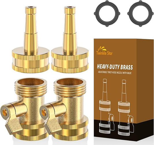 Twinkle Star Brass Hose Jet Nozzle with Garden Shut off Valve 4 Pack | 3/4" GHT High Pressure Hose Nozzle for Garden Hose & Car Wash, Extra 2 Rubber Washers