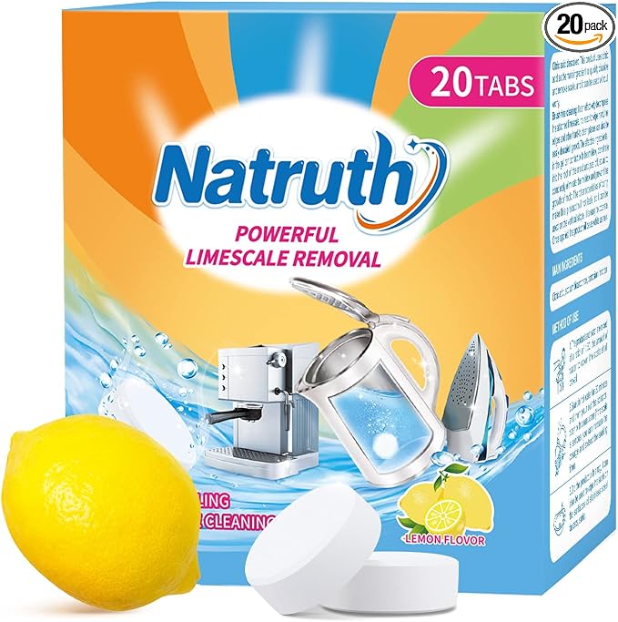 NATRUTH 20 Packs Powerful Limescale Removal,Efficient Water Bottle Cleaning Tablets,Odor-Free KETTLE & Coffee Cup Cleaner Tablets,Descaler for Coffee Machine,Natural Stainless Steel Cup Cleaners