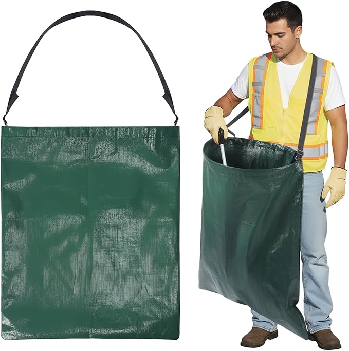 Faccito 1 Pack Litter Bag with Shoulder Strap Trash Pickup Bag Holder Lawn Leaf Chute Vinyl 4.45 Cubic Feet No Bending Portable Trash Picker Grabber for Patio Yard Garden (Green)