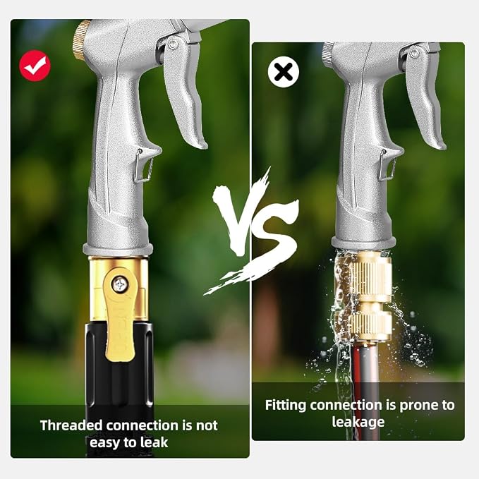 Garden Hose Nozzle with Brass Nozzle, 100% Heavy Duty Metal Water Nozzle | Fits 3/4” Garden Hose Thread with 4 Patterns, 360° Rotating Adjustable Nozzle for Plants, Lawns, Cars, Silver