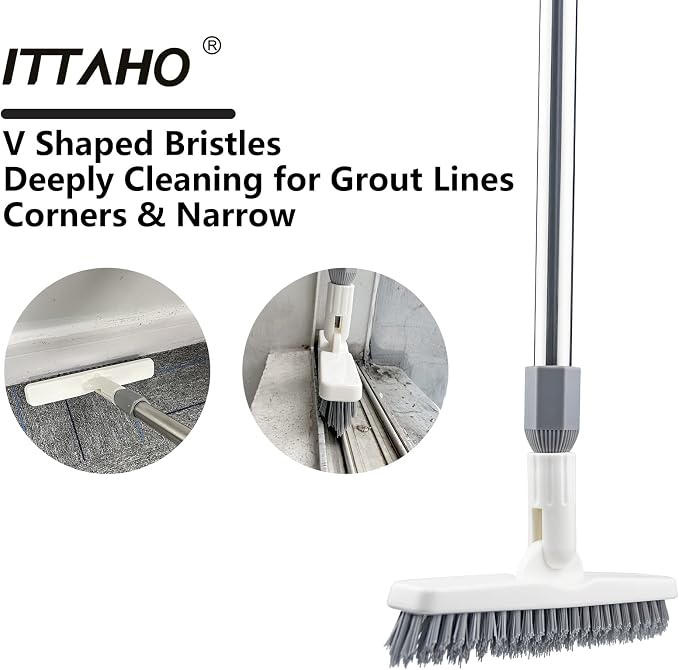 2 Pack Grout Cleaning Brush with Long Handle, Swivel V-Shape Grout Scrub Brush, Extendable Handle for Tile Floors, Bathroom, Shower, Corner