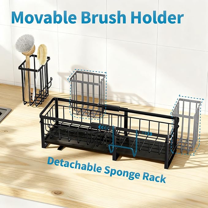 Aurblozen Extra Large Extendable Sponge Holder for Kitchen Sink, Rustproof Sink Caddy Organizer with High Brush Holder, Dish Soap Dispenser Organizers and Storage (Black)