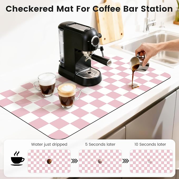 17" x 32" Checkered Dish Drying Mat for Kitchen Counter, Absorbent Coffee Bar Mat for Espresso Machine Coffee Countertops Accessories, Pink