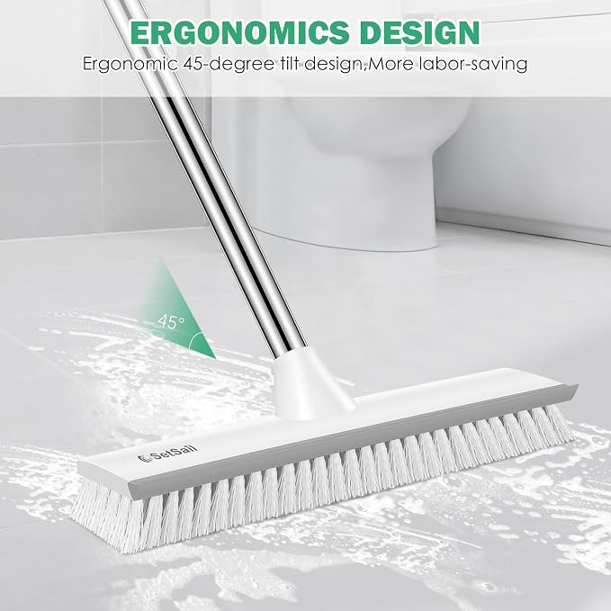 SetSail 12-in Wide Floor Scrub Brush with Long Adjustable Handle Brush | 2 in 1 Scrape Brush Stiff Bristle Floor Scrubber for Cleaning Shower Bathroom Garage Kitchen Wall Deck Tub Tile