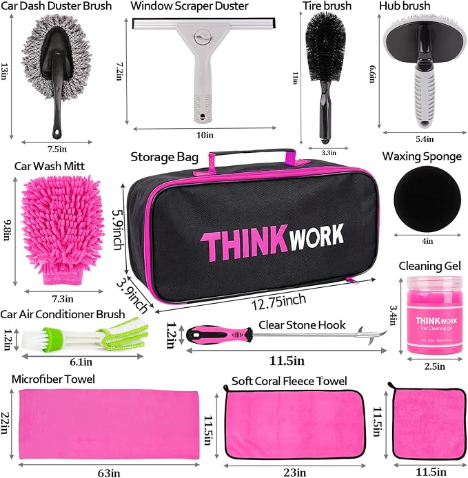 THINKWORK Car Detailing Kit, Interior Exterior Cleaning Set for Vehicles | Soft Microfiber, Lint-Free, Scratch-Proof, 17 Pcs Complete Set, Pink Styling, Perfect Women Gift, Portable Bag