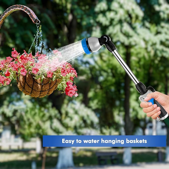 RESTMO Heavy Duty Metal Hose Wand, Watering Wand for Garden Hose | 180° Swivel Ratcheting Head, 16'' Hose Sprayer, 7 Spray Patterns, Flow Control, Ideal for Hanging Baskets & Shrubs, Blue