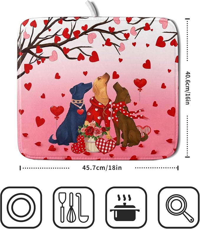 Love Dog Dish Drying Mat 16"x18" Red Heart Microfiber Dish Drainer Mat Hanging Loop Absorbent Fast Dry Pad Kitchen Counter Bar Accessories