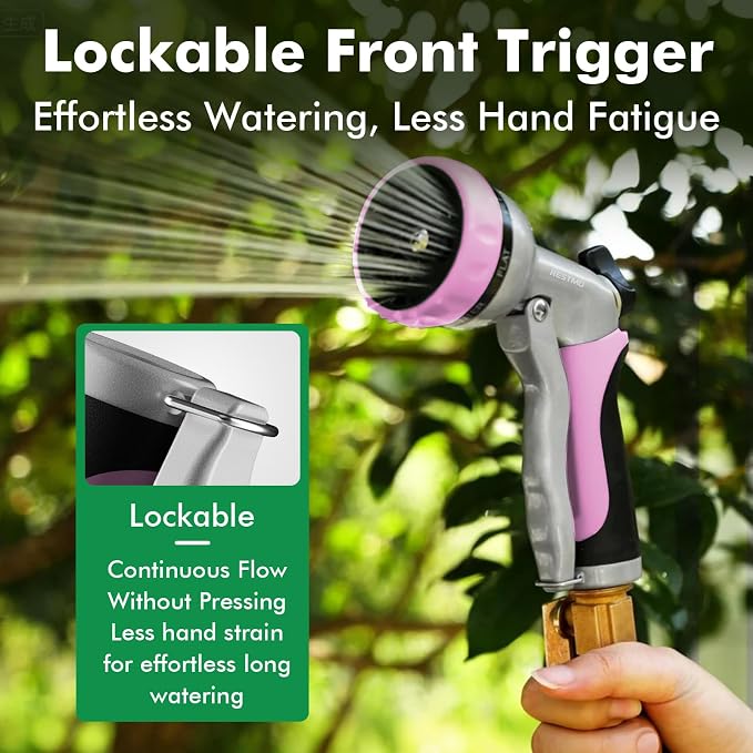 RESTMO Garden Hose Nozzle, Heavy Duty Metal Water Hose Nozzle with 7 Adjustable Spray Patterns, High Pressure Hand Sprayer with Flow Control, Best for Watering Plant & Lawn, Washing Car & Pet, Pink