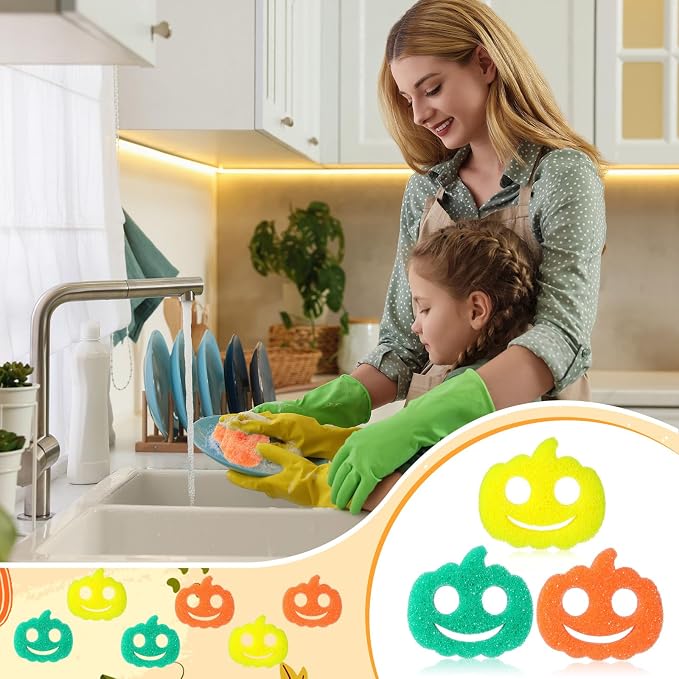 FillTouch 3 Pcs Dual Sided Scrub Sponge Multi Functional Cute Temperature Sensitive Non Scratch Dish Sponge for Washing Dishes Kitchen Bathroom (Thanksgiving Pumpkin,Orange, Yellow, Green)