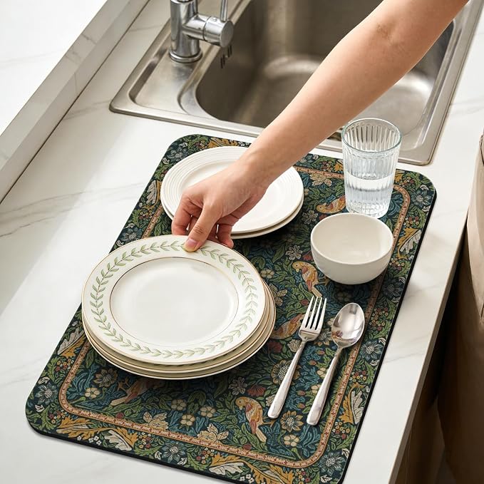 Dish Drying Mat for Kitchen Counter 16x18 Inch, Boho Quick Dry Coffee Mat | Made of super absorbent diatomite that quick dries dishes, coffee machine & sink area. Non-slip rubber base for countertop