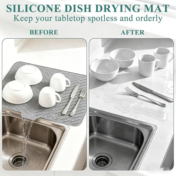 Silicone Dish Drying Mat for Kitchen Counter,23"X17" With Built-in Drain Lip,Food-Grade Silicone,Heat-Resistant Eco-friendly Hygienic Drying Mat Leak-Proof and Non-Slip,Multi-Functional Use（Gray）