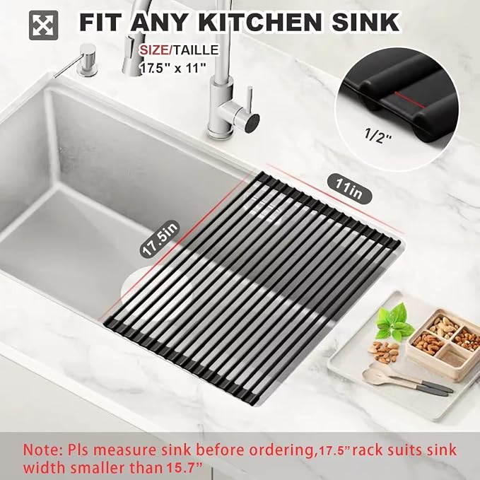 MERRYBOX Roll Up Over The Sink Dish Drying Rack Silicone Wrapped Foldable, Heat-Resistant, Anti-Slip Sink Rack Multipurpose Dish Drainer for Kitchen Sink Counter - Black, 17.5" x 11"