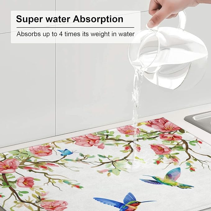 Hummingbird Butterfly Magnolia Dish Drying Mat For Kitchen Counter, Super Absorbent Microfiber Dish Drying Pad, Kitchen Gadgets For Easy Clean Multi-Use Large 18"x24"