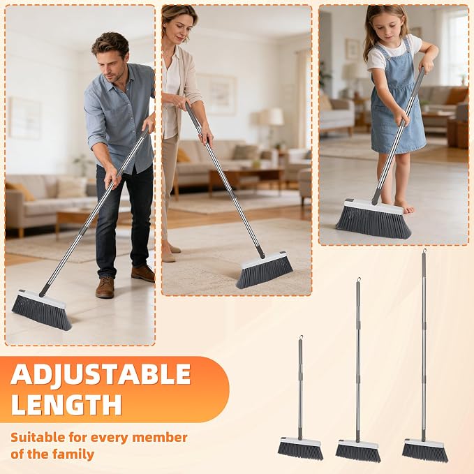 Broom with Dustpan Combo Set, Lightweight Standing Metal Dust Pan with Teeth, Home Essentials Suitable for Home Kitchen Lobby Room Office, Grey