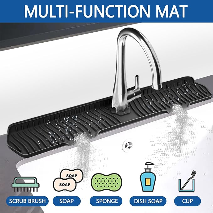 Kitchen Sink Splash Guard Gen2-30" x 6'' Silicone Sink Mat Splash Guard fit for Countertop, Bathroom,Farmhouse,RV by EBIGIC (Black)