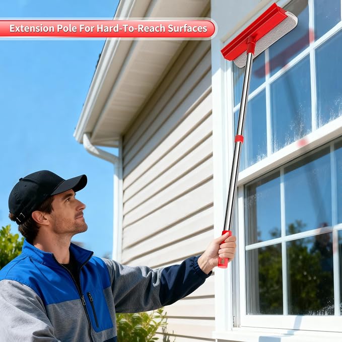 Window Squeegee with 18.5"-28.5" Retractable Handle, 2-in-1 Squeegee for Window Cleaning Tool for Cars, Trucks, Glass Doors, Shower, Outdoor Windows – Window Cleaner (Red)