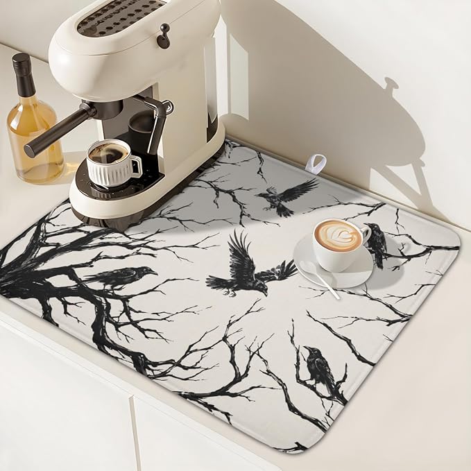 Halloween Crows Dish Drying Mat for Kitchen Counter Vintage Spooky Black Tree Branches Raven Pattern Microfiber Dish Drainer Mat Rustic Absorbent Washable Drying Pad 16"x18"