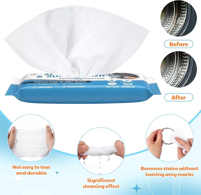 6 Pack 60 Pcs Home Appliance Surface Cleaner Wipes Heavy Duty Wipes for Cleaning Front Loading Washing Machine, Dryer Stainless Steel Refrigerator, Glass Cooktop, Microwave, Dishwasher, Counter