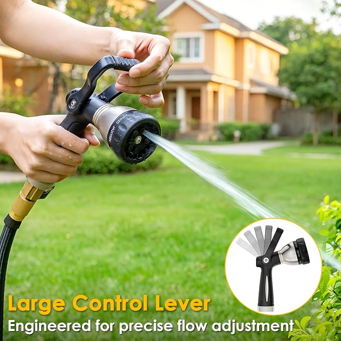 FANHAO Fireman Style Water Hose Nozzle Heavy Duty Metal, 8 Spray Patterns | Large Lever Control, Non-Slip Ergonomic Grip, High Pressure, Rustproof Leakproof Garden Hose Sprayer for Garden, Car & Pet