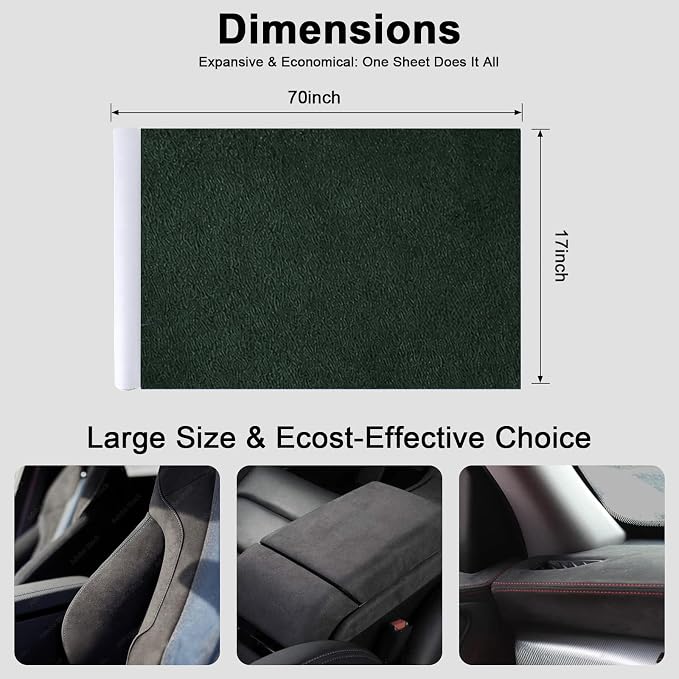 Premium Green Suede Fabric Wrap - 17x70 inch Suede Wrap for Car Interior - Self-Adhesive Microfiber and Synthetic Leather, Stretchable Interior Film for Car and Home Decor