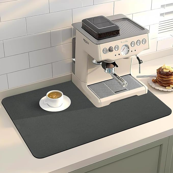 Dish Drying Mat for Kitchen Counter, 16“ x 24” Super Absorbent Kitchen Dish Drying Pad, Coffee Bar Mat with Rubber Backed, Coffee Bar Accessories for Countertop Dishes Utensils, Dark Gray