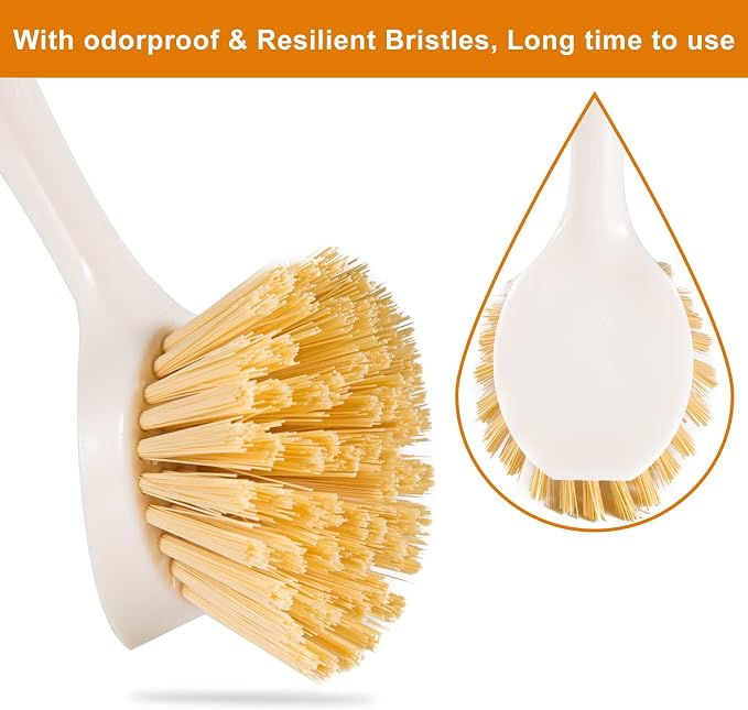 FunCee 2 Pack Kitchen Dish Brushes with Bamboo Handle, Dish Scrubber Built-in Scraper, Scrub Brush for Pans, Pots, Counter & Kitchen Sink Cleaning, Dishwashing and Cleaning Brush Tools, White
