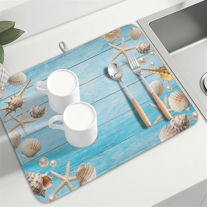 Summer Coastal Dish Drying Mat for Kitchen Counter Seashell Starfish Blue Wooden Board Microfiber Dish Drainer Mat Ocean Nautical Absorbent Washable Drying Pad Extra Large 18"x24"