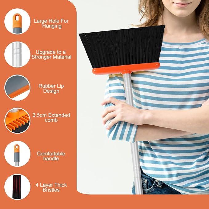 Long Handled Dustpan and Brush, Broom and Dustpan Set, Household Dust pan Combo with 54 Inch Handle for Indoor Outdoor Household Cleaning and Sweeping (Orange)