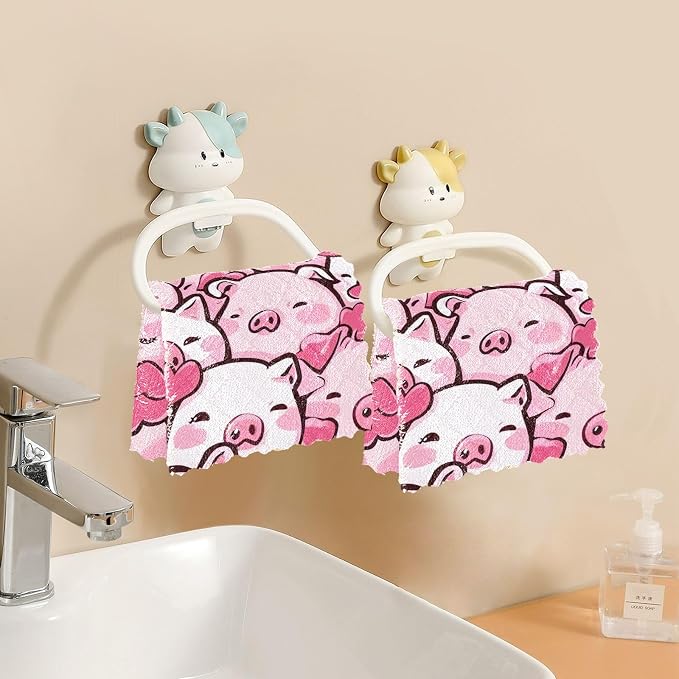 STAYTOP Cute Kawaii Pigs Kitchen Dish Cloth, 6 Pack Super Absorbent and Soft Nonstick Oil Dish Towels, Reusable Cleaning Cloths 11" x 11"
