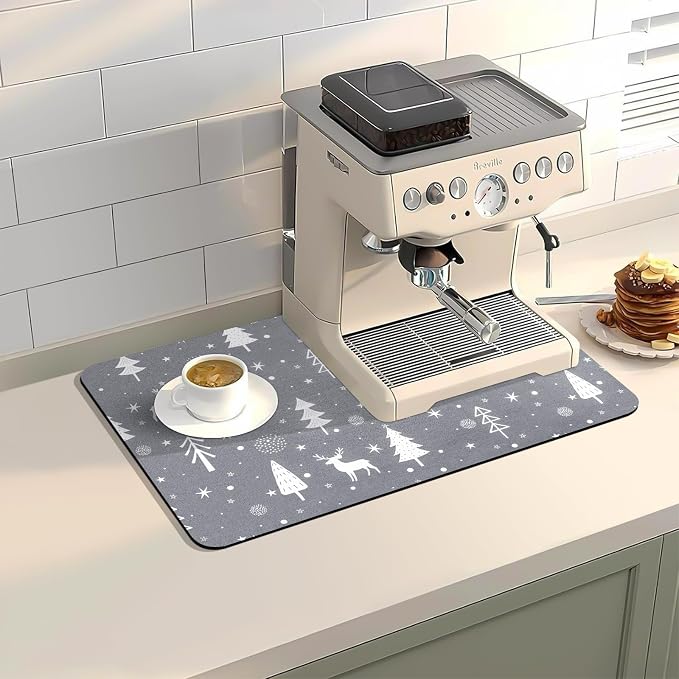 Christmas Dish Drying Mat, 12" x 19" Drying Mat for Kitchen Counter, Super Absorbent Coffee Mats Fits Under Coffee Maker, Kitchen Accessories for Espresso Machine, Gray