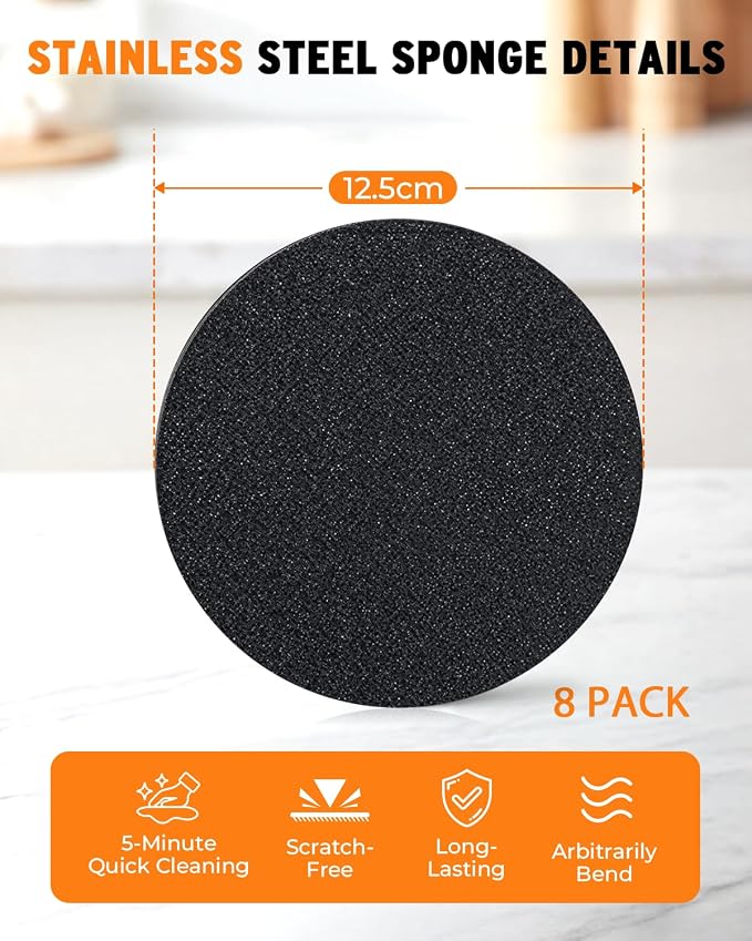 Stainless Steel Sponge Suitable for Stainless Steel Surfaces Zero Chemicals Emery Sponges Scratch-Free & Long-Lasting for Heavy Duty Burnt-On Stain Removal (8-Pack)