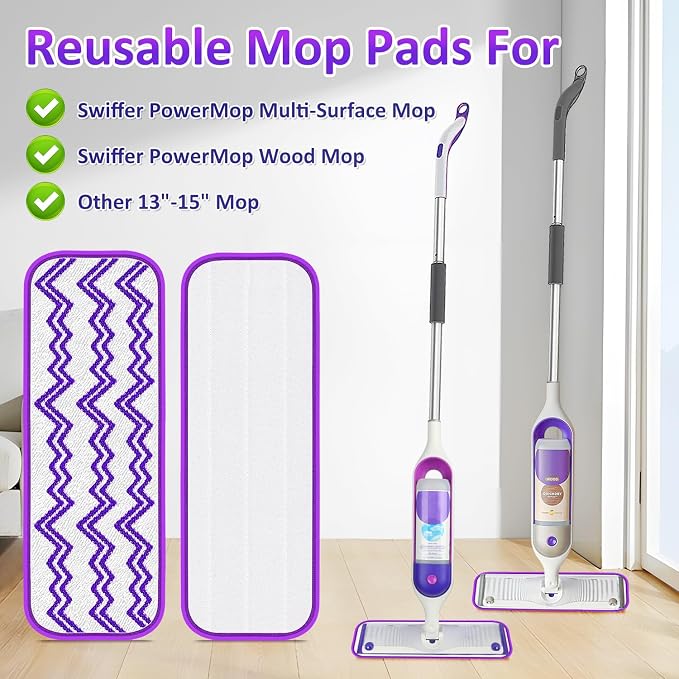 Reusable Microfiber Mop Pads for Swiffer PowerMop: 15” Washable Refills | 7 Absorbent Mopping Replacements, Wet Dry Use, for Multi-Surface Hardwood Tile Floor, Kitchen Bathroom Cleaning, White