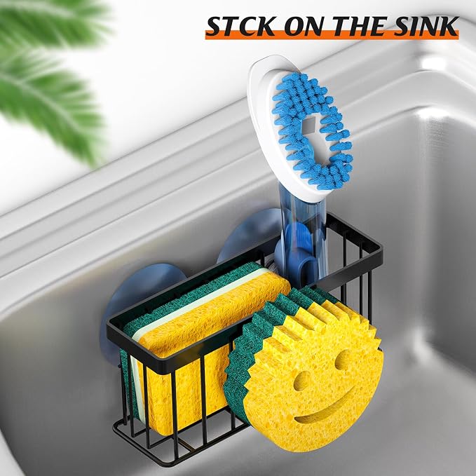 MURLONG Sponge Holder Smiley Face, Sink Organizer with 2 Suction Cups/1 Adhesive Strips, Designed for Sponge, Soap, Dish Brush, Scrubber - Black