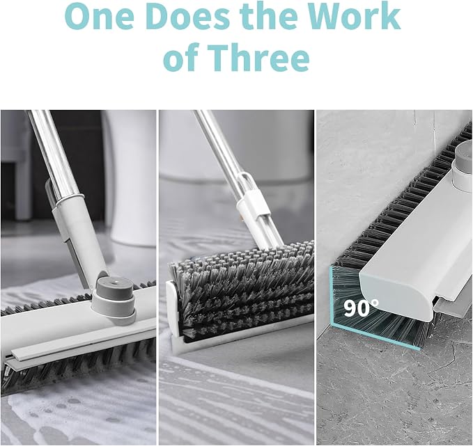 AIR U+ Floor Scrub Brush with Long Handle, 3-in-1 Rotating Head & Squeegee | Stiff Dual-Sided Bristle Scrubber for Shower, Bathroom, Kitchen and Patio, 30–50 In Handle for Easier Stand-up Cleaning