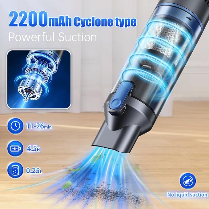 Handheld Vacuum Cleaner Car Vacuum with Multiple Accessories VA004 | Powerful Suction, Multi-Nozzles, Lightweight, HEPA, One-Touch Dust Cup, hand vacuum cordless for Car Home Office Pet