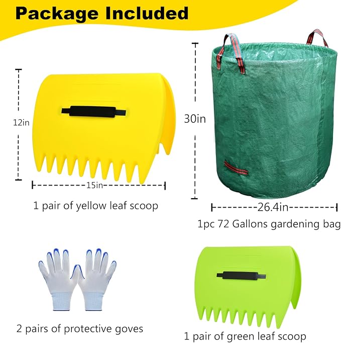 Leaf Scoops Hand Rakes, Leaf Scoops and Claws with Garden Bag and Gloves, Lightweight Plastic Leaf Scoop, Large Leaf Grabbers for Picking Up Leaves, Clippings, Grass(Scoops + Garden Bag)