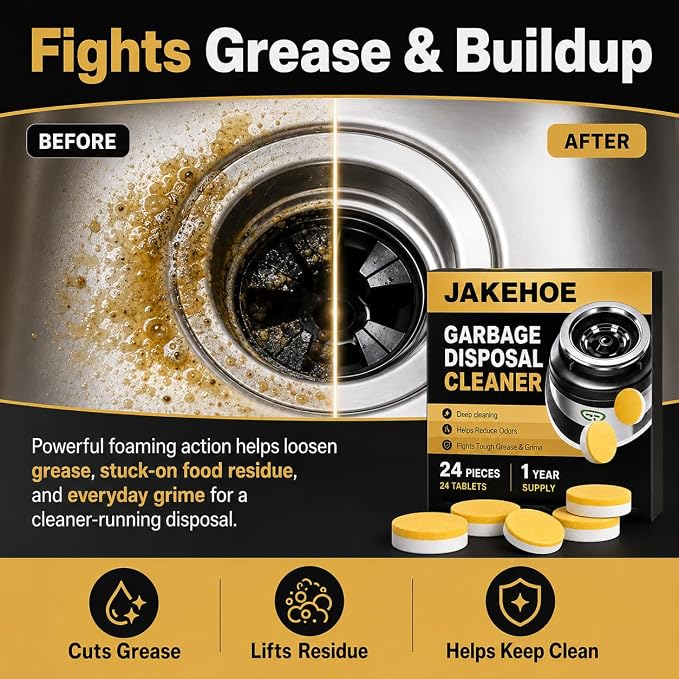 XL Foaming Garbage Disposal Cleaner and Deodorizer, Lemon Scent Kitchen Sink & Drain Odor Eliminate Tablets, Break Down Grease Buildup, Residue & Grime,12 Pack for Monthly Maintenance, Septic Safe