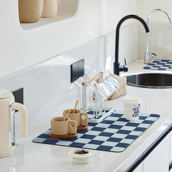 Ohocut Navy Blue Checkered Dish Drying Mat for Kitchen Counter, Coffee Bar Station Accessories, Retro Cute Aesthetic Modern Absorbent Drainer Mat Kitchen Drying Mat Easy Clean (Ocean, 19" x 12")