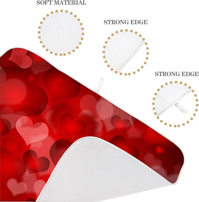Red Valentines Dish Drying Mat 18x24 Inch Red Hearts Dish Drainer Protector Pad for Kitchen Counter Absorbent Holiday Drying Pad for Drainer Rack Kitchen Fast Dry