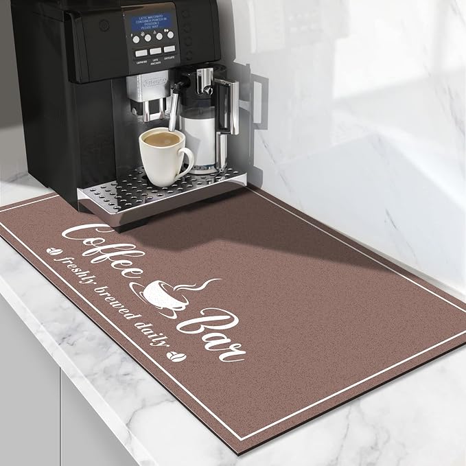 CooRug Absorbent Coffee Mat, Fashion Dish Drying Mat for Kitchen Counter Coffee Bar Accessories Espresso Machine Dish Rack 12" x 20" Brown