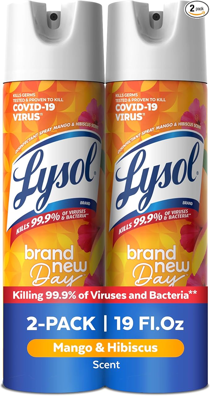 Lysol Disinfectant Spray, Household Cleaning Supplies, Disinfecting Multi-Purpose Room Spray, Antibacterial Sanitizer, Deodorizer, Kills Hantavirus, Mango & Hibiscus, 19 Fl Oz (Pack of 2)