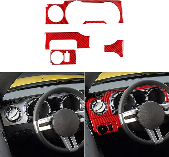 Red Real Carbon Fiber Trim for Ford Mustang Accessories | for GT Shelby 2005 2006 2007 2008 2009 Instrument Cluster Panel Central Console Kit Cover Interior Thick Overlay Decal 6PCs