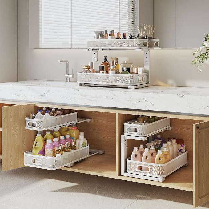 2 Pack 19.3IN-Depth Under Sink Organizer with Smooth Cylindrical Rail,2-Tier Pull Out Multi-Purpose Cabinet Storage for Bathroom&Kitchen,Height Adjustable,Rust-Resistant Coating-White