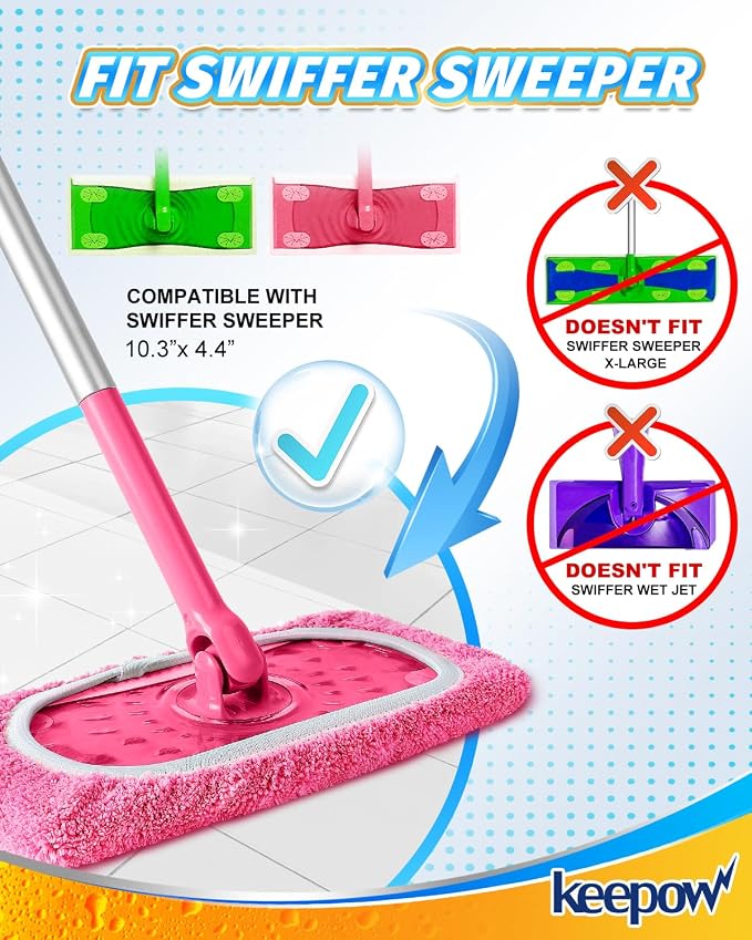 KEEPOW Reusable Mop Pads Compatible with Swiffer Sweeper, 4 Pack Pink | Washable Microfiber Replacement Mop Refills, Wet & Dry Dust Mopping Pads for Hardwood, Tile, Laminate & Vinyl Floors