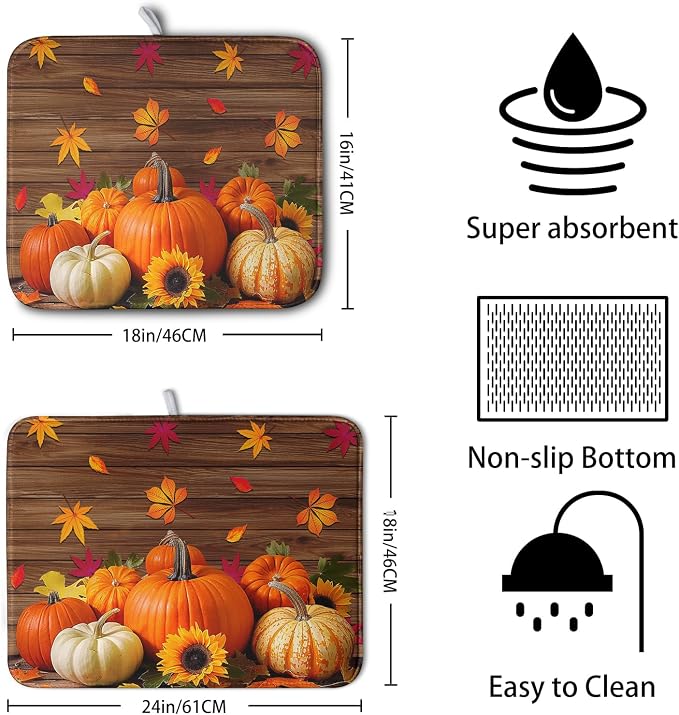 AutumnThanksgiving Pumpkin Dish Drying Mat for Kitchen Counter 16x18 Inch Fall Sunflowers Maple Leaves Harvest Kitchen Drying Mat Microfiber Super Absorbent Dish Rack Drainer Mat with Hanging Loop
