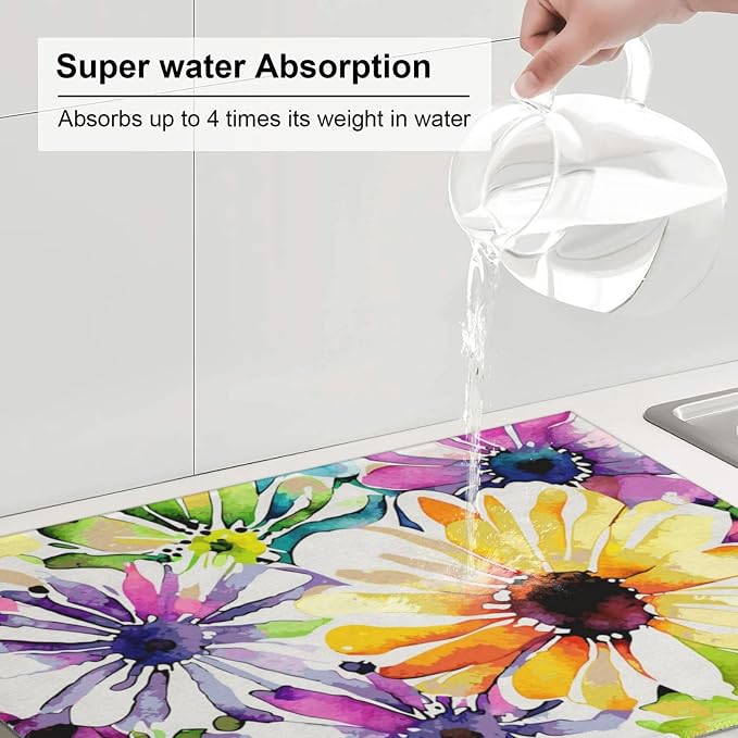 Colorful Flowers Dish Drying Mat For Kitchen Counter, Super Absorbent Microfiber Dish Drying Pad, Kitchen Gadgets For Easy Clean Multi-Use Large 18"x24"