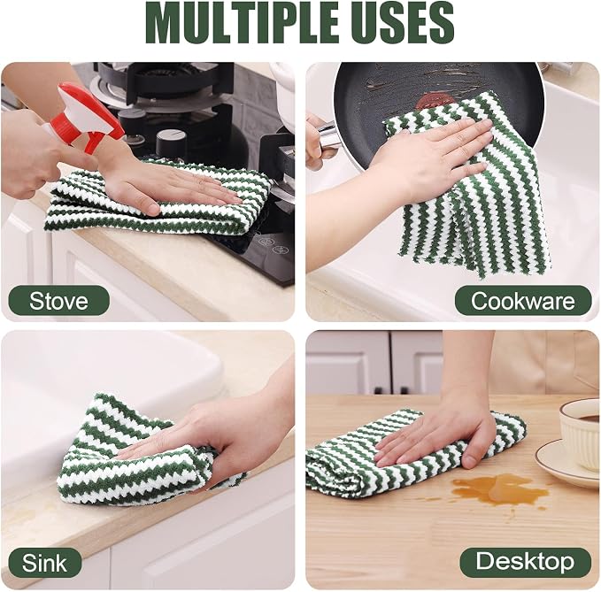 Homaxy Kitchen Towels(6 Pack, 10 x 20 inches), Ultra Soft and Absorbent Dish Towels, Reusable Fast Drying Microfiber Cleaning Cloth, Coral Velvet Wave Design No-lint, Grass Green