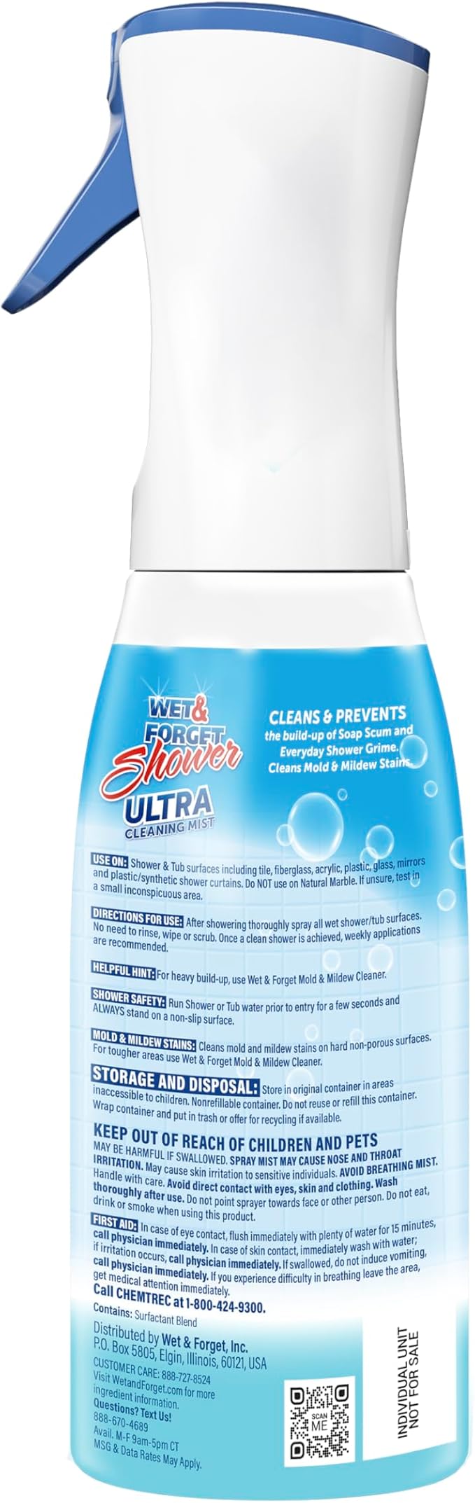 WET & FORGET Shower Ultra Cleaner Mist Fresh Scent No-Scrub Weekly Bathroom Spray for Fiberglass, Tile, Glass, Grout & More, 1 Spray and 1 Refill, 20oz each
