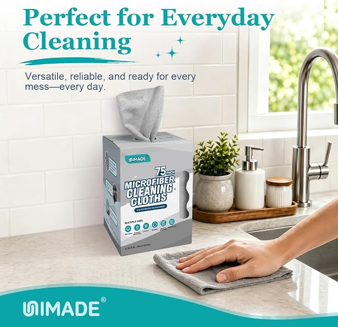 UNIMADE Microfiber Cleaning Cloth, 75 Sheets Microfiber Towels for Cars Commercial Grade Washcloths Lint-Free Bulk Shop Towel Cleaning Rags for Household Restaurant Garage Housekeeping, 11"x 9", Grey